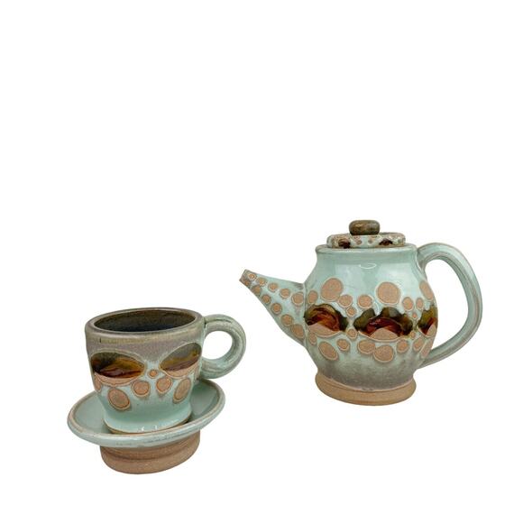 OOAK Blue Beige Ceramic Hand Thrown Pottery Tea Plate Cup Teapot Tea Set 3-Piece
